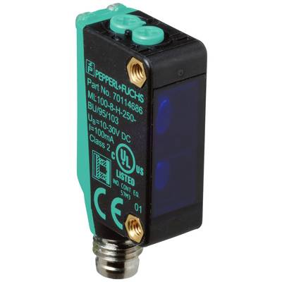 Prostokątny, czarny czujnik firmy Pepperl+Fuchs z zielonymi elementami, model ML100-8-H-250, przystosowany do zasilania napięciem 10-30V DC.