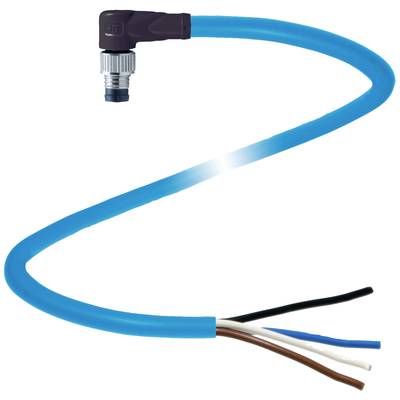 Niebieski kabel z czarną wtyczką na końcu. Na jednym końcu widocznych jest kilka przewodów (białe, brązowe, niebieskie, czarne).