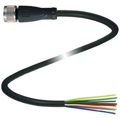 Czarny kabel z srebrnym złączem na jednym końcu i kilkoma kolorowymi przewodami na drugim końcu.