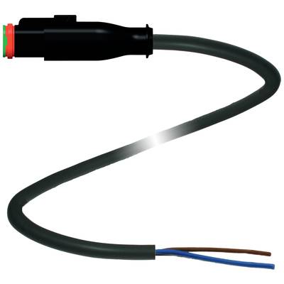 Czarny przewód elektryczny z wtyczką po jednej stronie oraz nieosłoniętymi żyłami w kolorze niebieskim i brązowym po drugiej stronie.