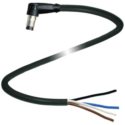 Czarny kabel elektryczny z prostokątnym złączem po jednej stronie oraz odkrytymi przewodami w kolorach czarnym, białym, niebieskim i brązowym.