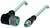Dwa złącza M12 z przewodami; jeden to wtyk kątowy żeński, drugi to wtyk prosty; oba w kolorze czarnym i zielonym.