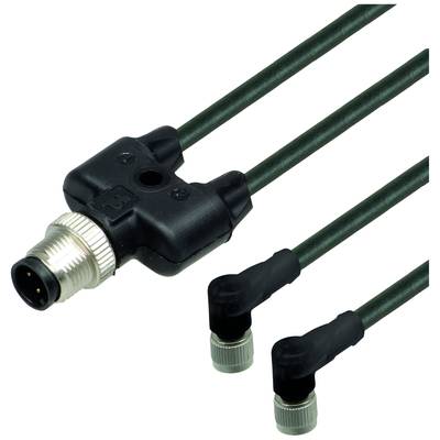 Kabel adaptera Y z jednym wtykiem po jednej stronie i dwoma złączami kątowymi po drugiej stronie.
