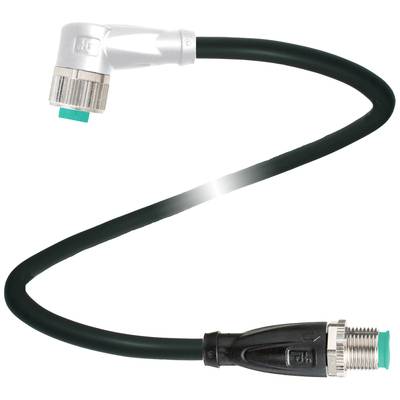 Czarny, skręcany kabel z metalowymi wtykami na obu końcach, przeznaczony do zastosowań przemysłowych. Jeden koniec jest zagięty pod kątem prostym.