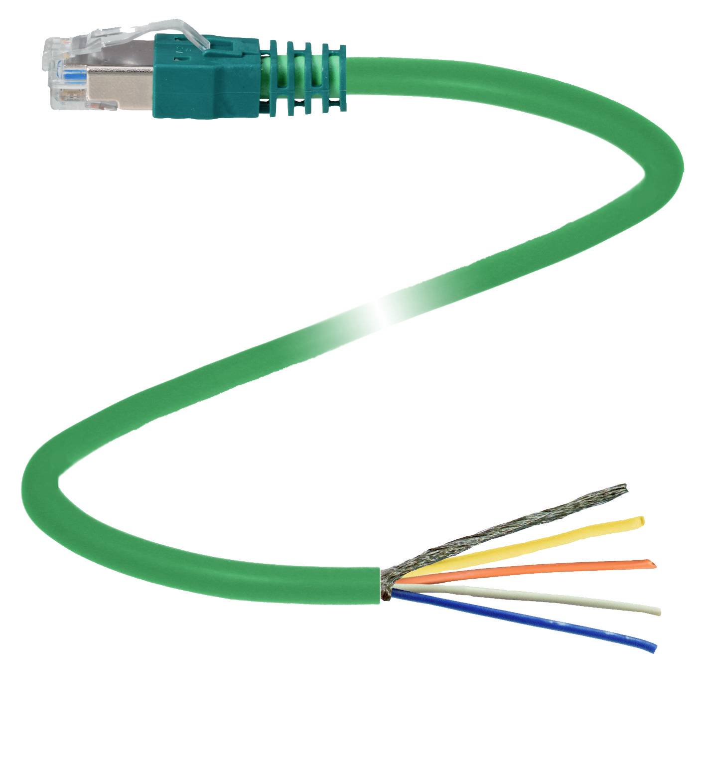 Zielony kabel sieciowy Ethernet z odkrytymi żyłami po prawej stronie i wtykiem RJ45 po lewej stronie, sfotografowany na białym tle.