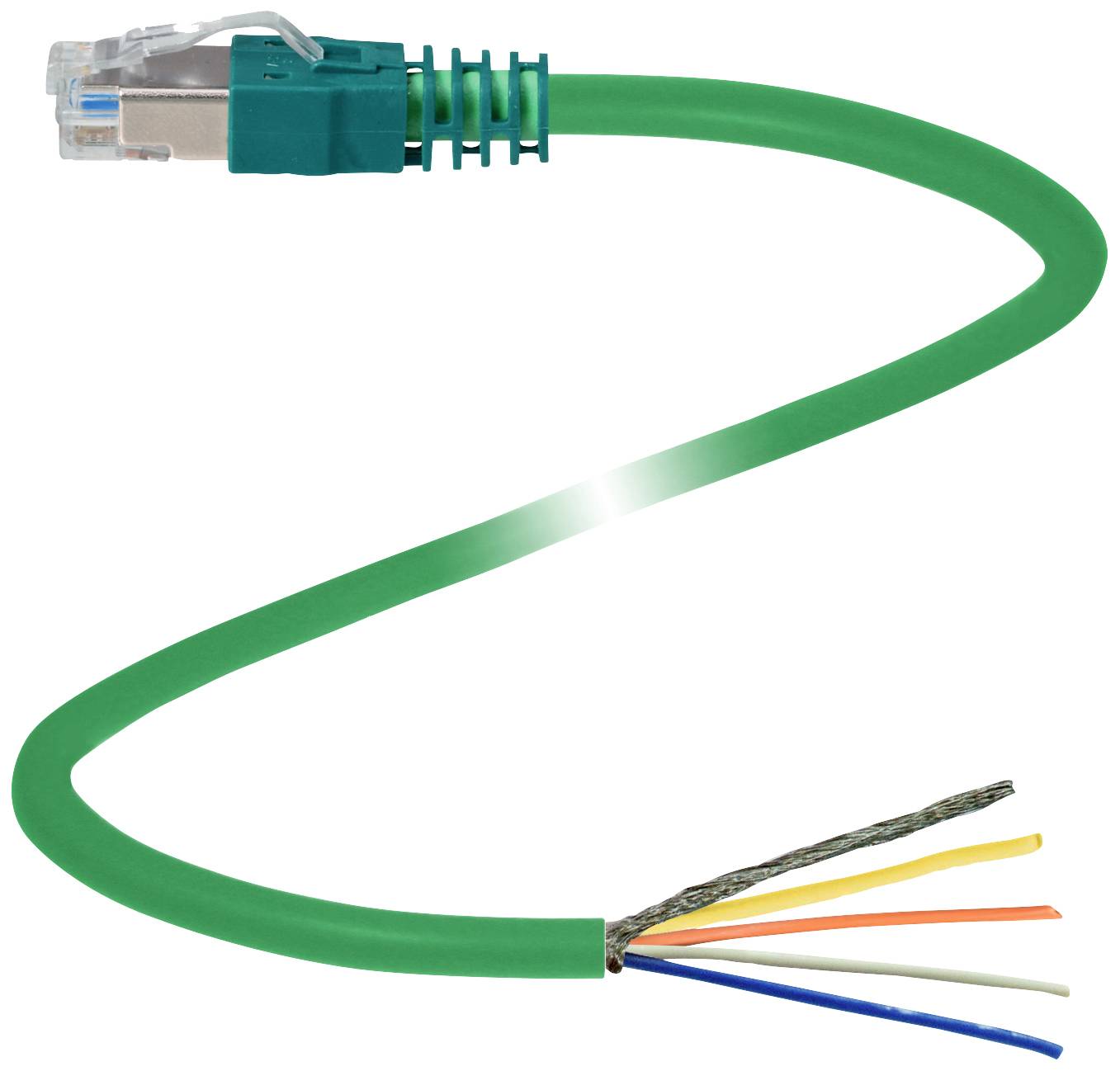 Zielony kabel Ethernet z odkrytym końcem, prezentujący różnokolorowe przewody wewnętrzne dla zilustrowania połączenia sieciowego.