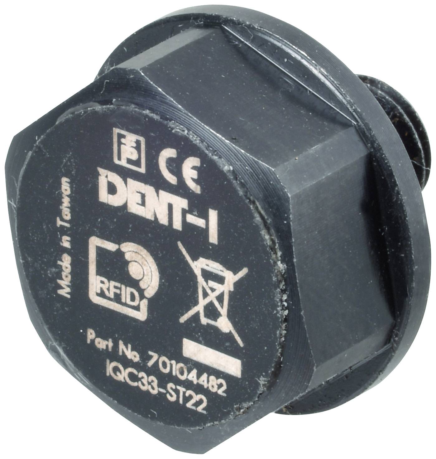 Czarny chip RFID, oznaczony napisem 'DENT-I', znak CE, przekreślony symbol kosza na śmieci, pochodzenie 'Made in Taiwan', numer części '70104482'.