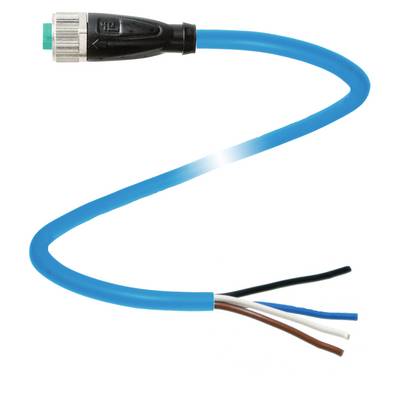 Przewód elektryczny z niebieską izolacją, na jednym końcu czarna wtyczka, na drugim końcu cztery odkryte przewody w kolorach białym, czarnym, brązowym i niebieskim.