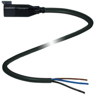 Czarny przewód elektryczny z wtyczką na jednym końcu oraz trzema luźnymi przewodami w kolorach niebieski, brązowy i zielono/żółty na drugim końcu.