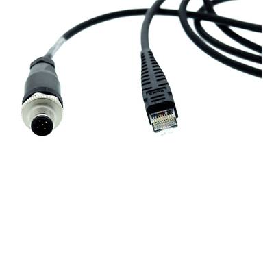 'Kabel z wtykiem M12 i złączem RJ45, stosowane w sieciach przemysłowych.'