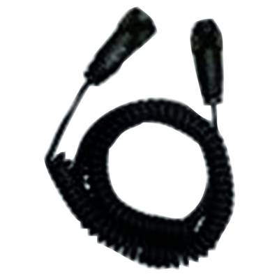 Czarny, spiralny kabel z dwoma wtyczkami na końcach, często stosowany w systemach audio lub mikrofonach.