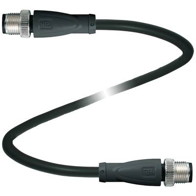 Czarny skręcany kabel z metalowymi złączami na obu końcach, prawdopodobnie przewód połączeniowy do urządzeń technicznych lub elektrycznych.