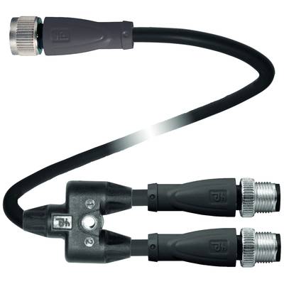 Czarny kabel Y z jedną wtyczką po jednej stronie i dwiema wtyczkami po drugiej stronie. Nadaje się do podłączania urządzeń elektrycznych.