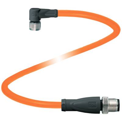 Świecący, pomarańczowy kabel z wtyczkami na obu końcach. Górne złącze jest zagięte pod kątem 90 stopni. Kabel meandruje na obrazie.