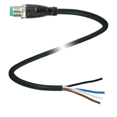 Czarny kabel z okrągłą wtyczką z jednej strony i czterema luźnymi kolorowymi przewodami (białym, brązowym, niebieskim, czarnym) z drugiej strony.