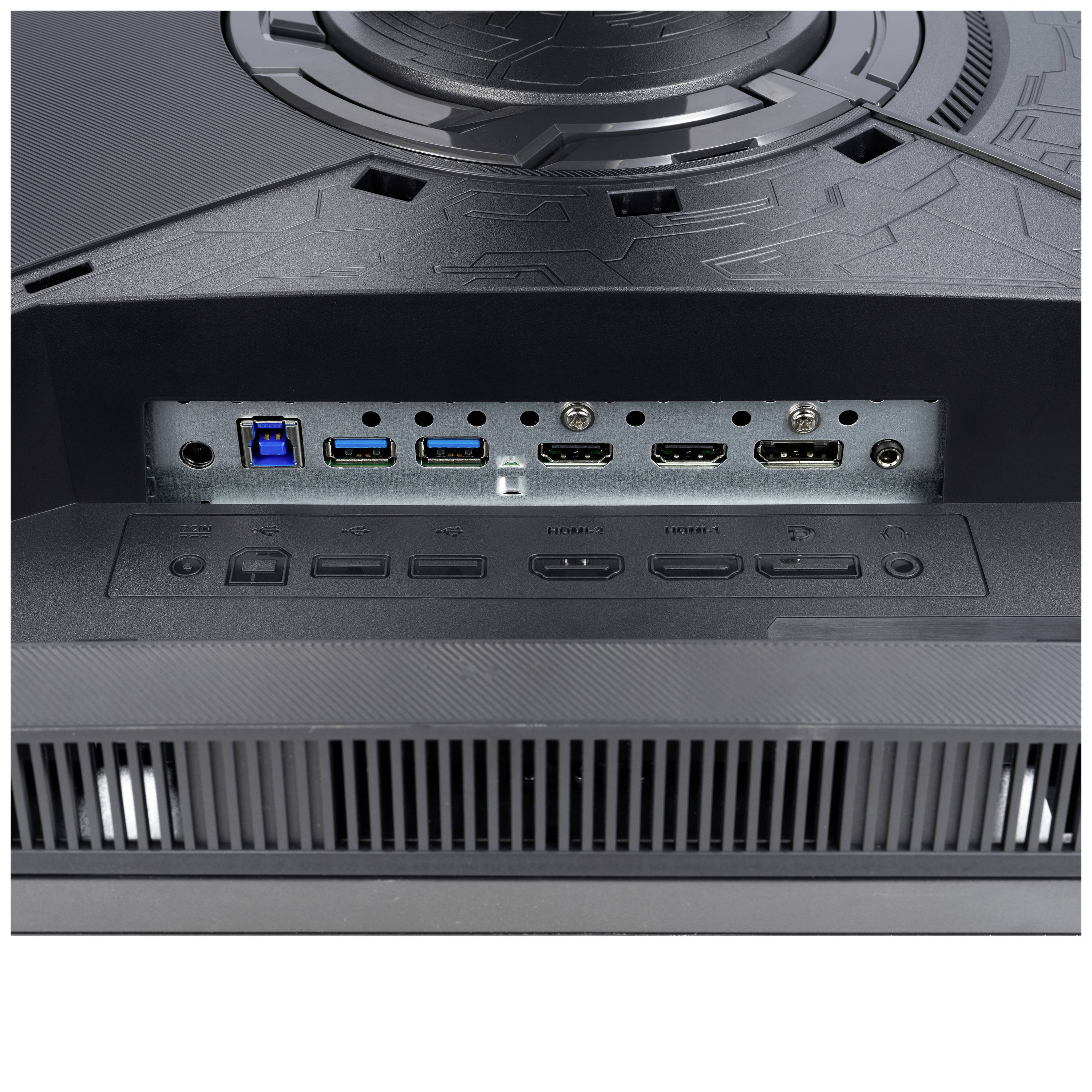 Tylna strona monitora z wieloma opcjami podłączenia: dwa złącza HDMI, jeden DisplayPort, złącza USB, wyjście audio i więcej.