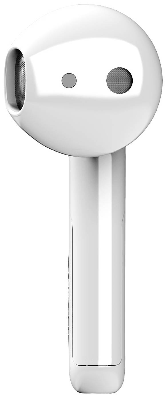 Bezprzewodowy biały słuchawka douszna o gładkiej powierzchni z małym otworem kratki głośnika u góry.