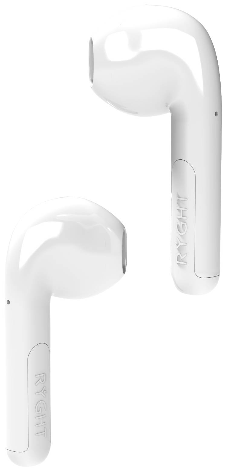 Dwa bezprzewodowe, białe słuchawki douszne zawieszają się na neutralnym tle.