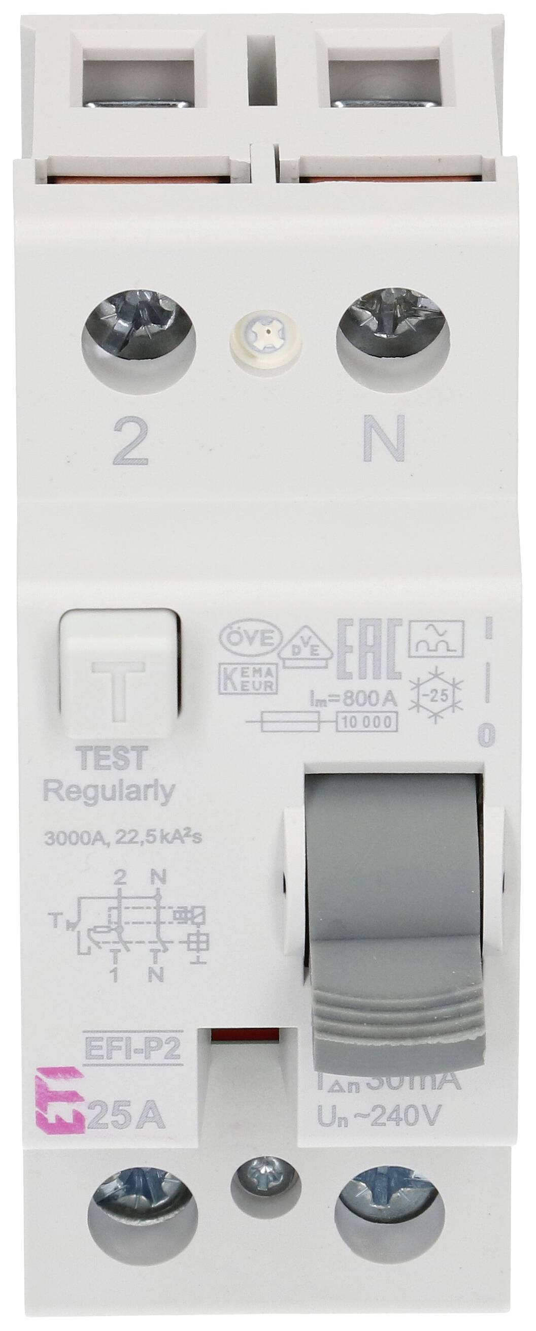Wyłącznik nadprądowy z dźwignią, opisami i szczegółami technicznymi, zaciski N i L u góry, 25A, 240V, zapewniający bezpieczeństwo elektryczne.