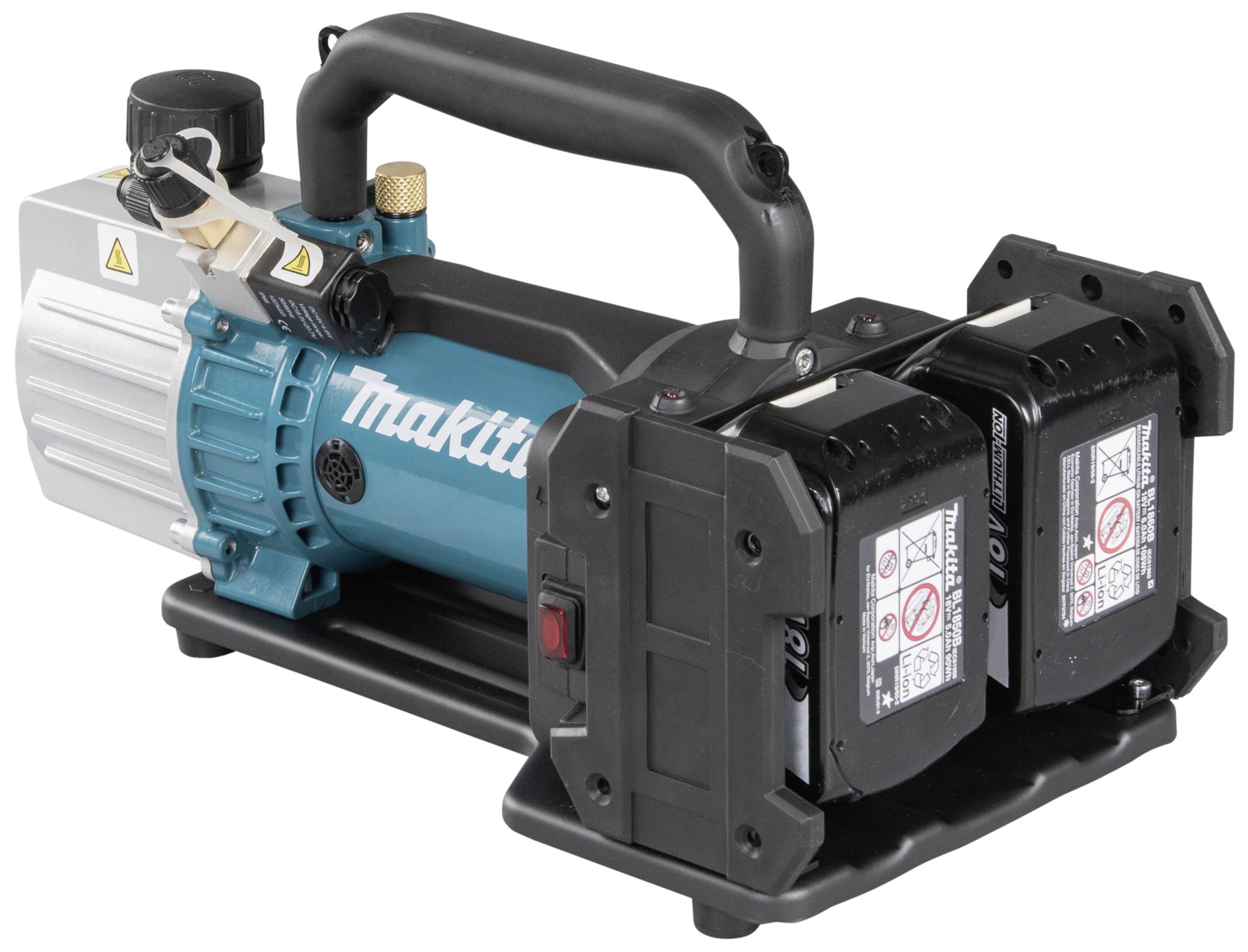 Bezprzewodowy kompresor powietrza z dwiema bateriami i czarną rączką do przenoszenia, nazwa marki widoczna na niebieskiej obudowie.