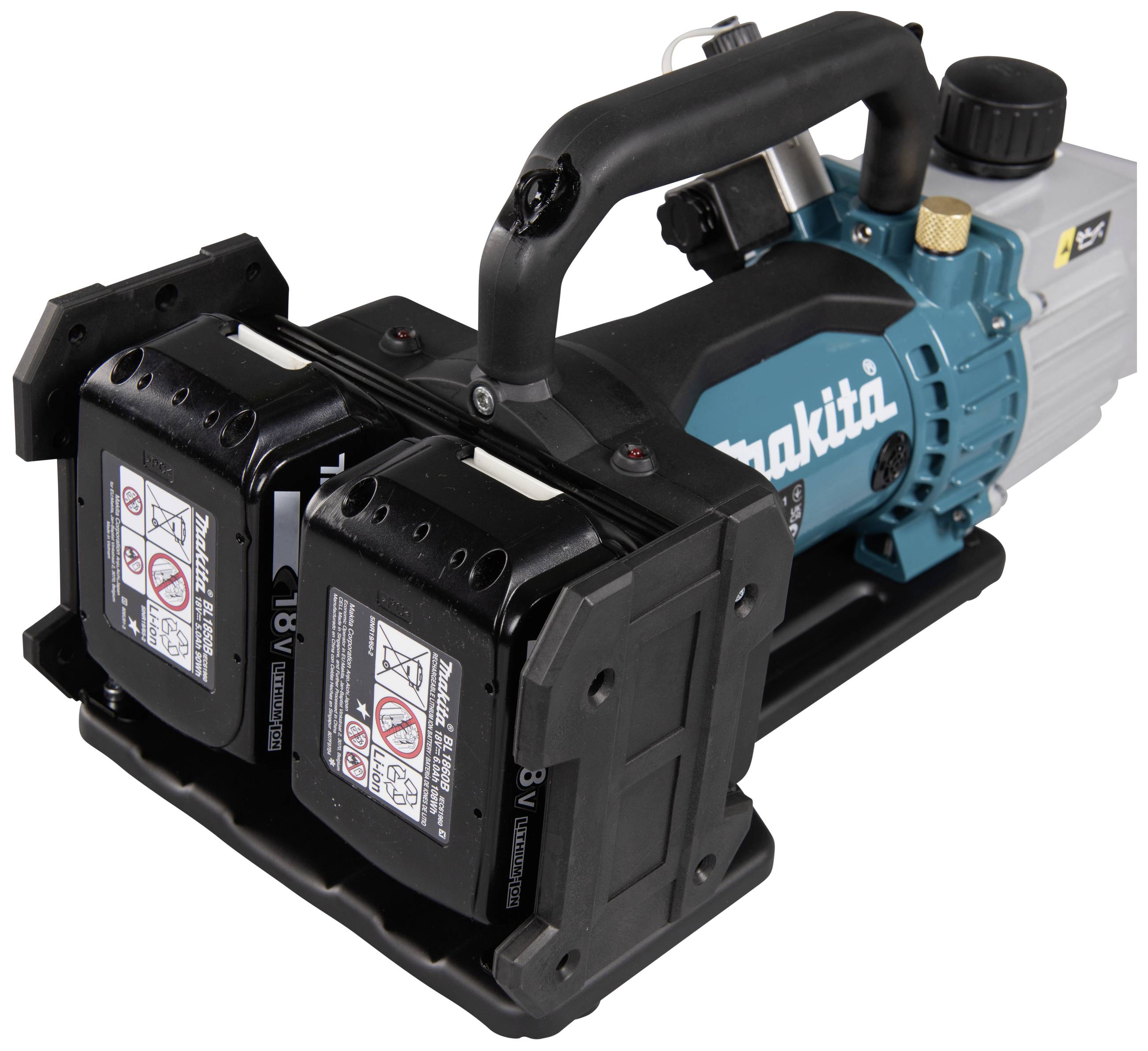 Niebieskoczarny kompresor elektryczny z narzędziami marki i dwoma zamontowanymi akumulatorami, idealny do zastosowań budowlanych.