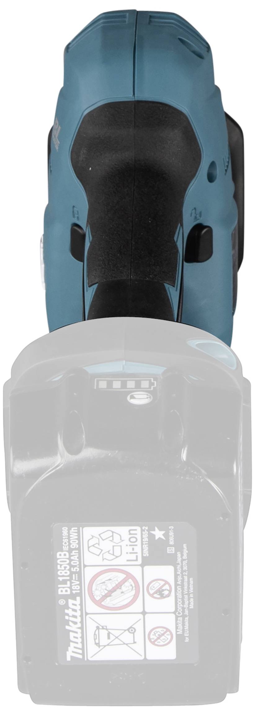 Niebiesko-czarny, bezprzewodowy szlifierka kątowa widziana z góry, częściowo z włożonym akumulatorem. Na akumulatorze znajdują się ważne informacje dotyczące bezpieczeństwa.