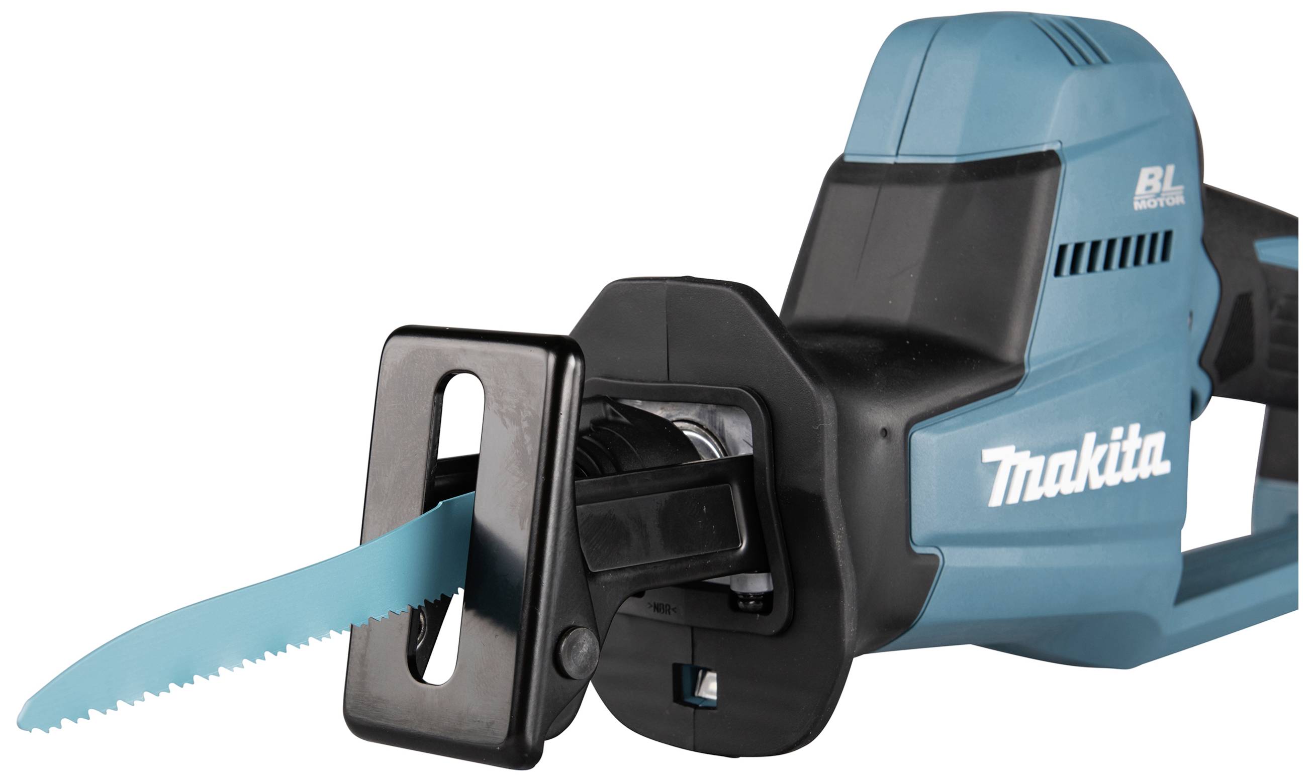 Niebieska, akumulatorowa wyrzynarka z czarną rękojeścią.