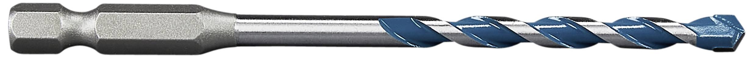 Jasnoszary wiertarz z niebieskim wiertłem spiralnym, odpowiedni do prac metalowych.