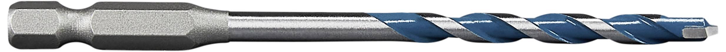 Wiertło z szarym uchwytem i niebieskim świderkiem, ustawione w poziomie.