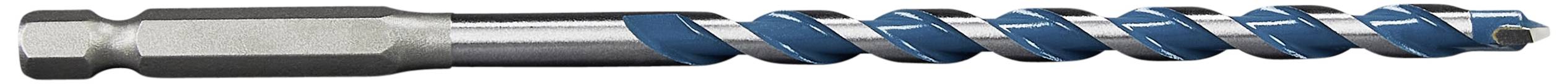 Wiertło o niebieskiej spiralnej formie i srebrnym uchwycie, przeznaczone do wiercenia w metalu lub betonie. Główna cecha: wydajna zdolność cięcia.