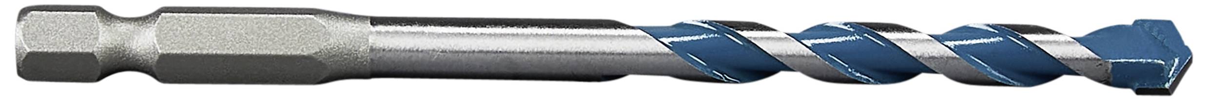 Wiertło metalowe z sześciokątnym chwytem i spiralną, niebieską końcówką tnącą. Przeznaczone do precyzyjnego wiercenia w powierzchniach metalowych.