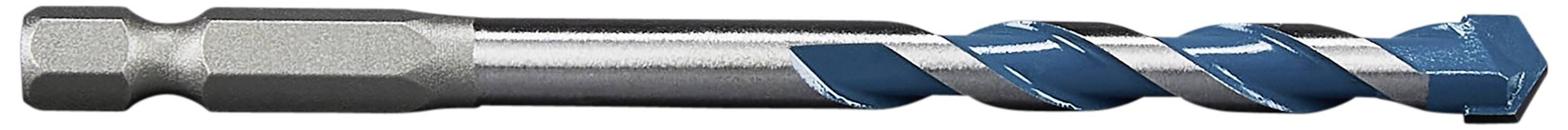 Wiertło z niebiesko-szarą spiralą i sześciokątnym uchwytem, przydatne do precyzyjnego wiercenia w różnych materiałach.