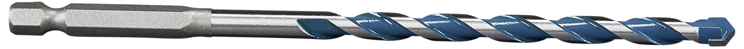 Metalowy wiertarz ze spiralnie ukształtowaną końcówką tnącą, utrzymany głównie w odcieniach niebieskiego, na białym tle.