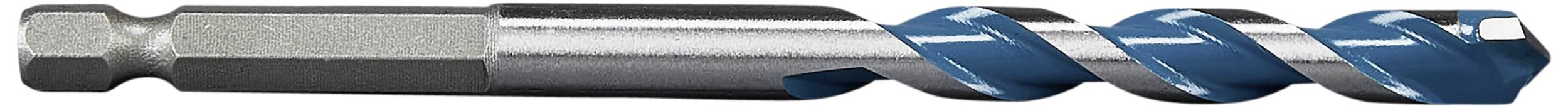 Szary metalowy wiertło ze spiralnym, niebiesko powlekanym czubkiem. Odpowiedni do wiercenia w różnych materiałach.