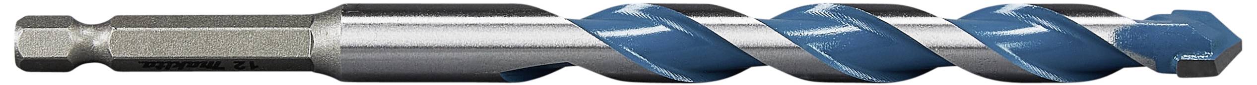 Wiertło metalowe z niebieskim wzorem spiralnym, z uchwytem sześciokątnym. Używane do precyzyjnego wiercenia w powierzchniach metalowych.