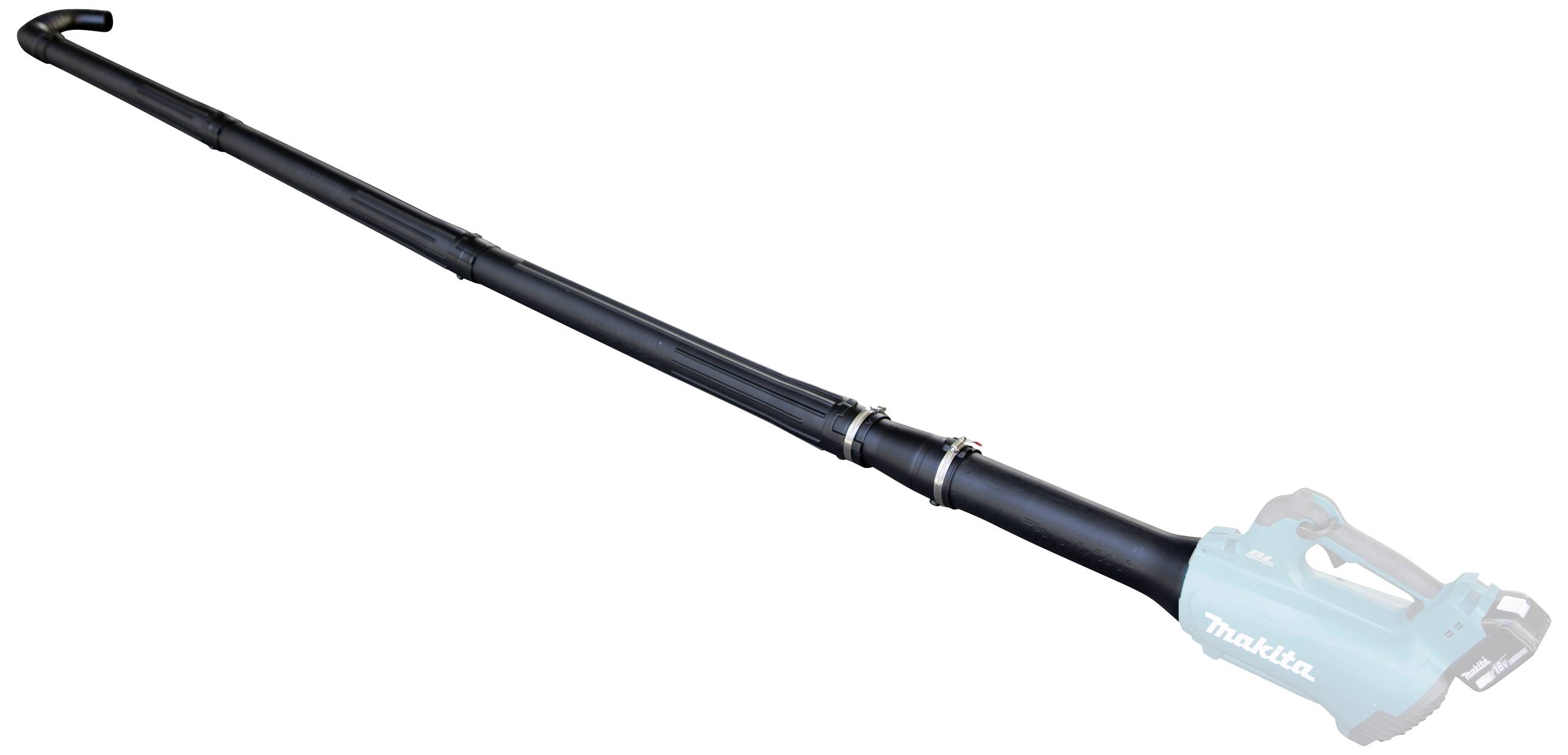 Długa, czarna rura z wygiętym końcem, która może być podłączona do narzędzia. Widoczne nazwy marek.