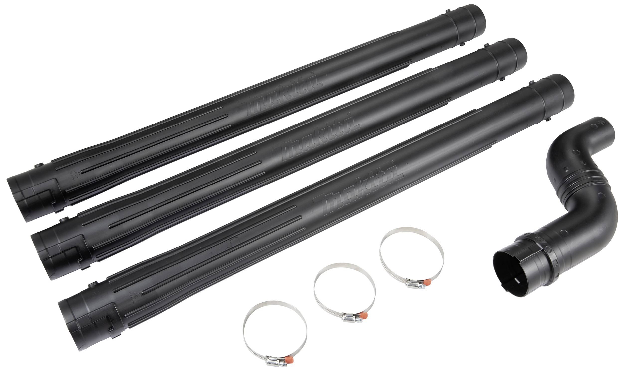 'Trzy czarne rury z tworzywa sztucznego, jedna rura kątowa 90 stopni, cztery zaciski metalowe; akcesoria do systemu wentylacyjnego.'