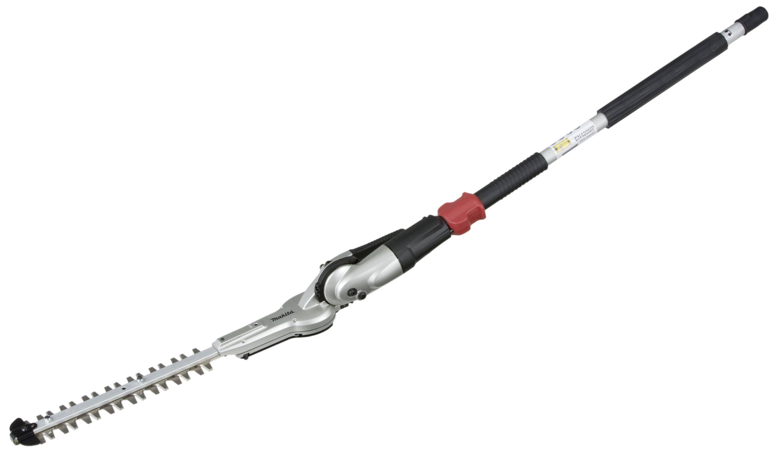 Sekator do żywopłotu o długiej rączce z regulowaną głowicą, idealny do wysokich lub trudno dostępnych żywopłotów. Czarny uchwyt z czerwonymi akcentami.