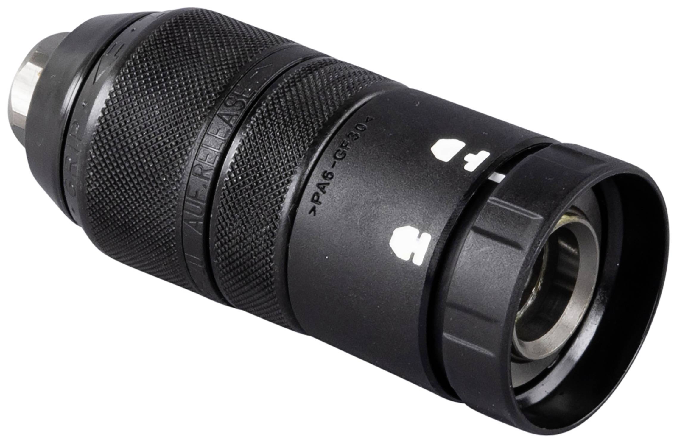 Czarny uchwyt wiertarski szybkomocujący, odpowiedni do elektronarzędzi, z antypoślizgową strukturą zapewniającą pewny chwyt.