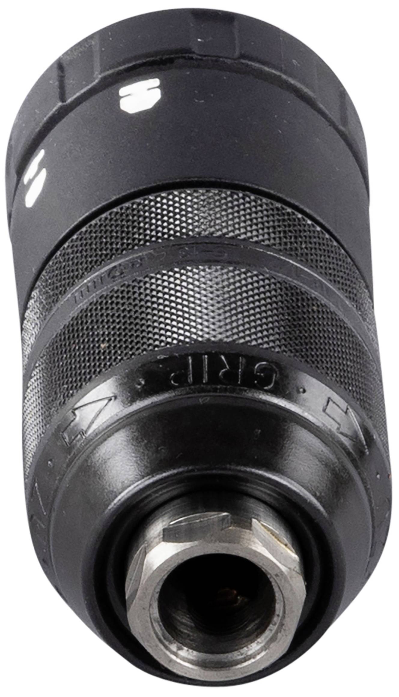 Czarne uchwyty wiertarskie z teksturą i strzałkami. Wskazówka 'GRIP' oznaczająca lepszy chwyt. Góra przedstawia wzór z pierścieniami.