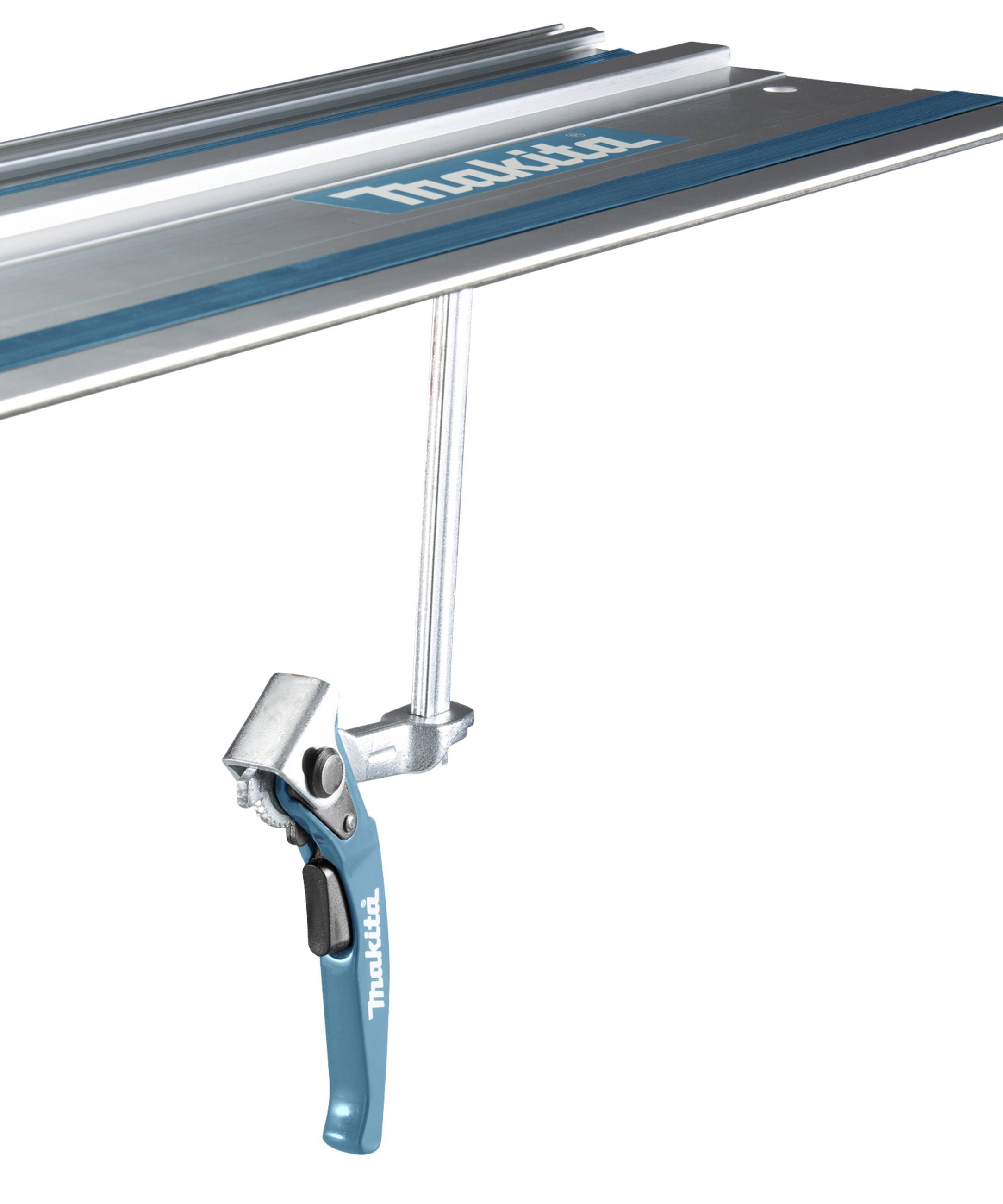 Szyna prowadząca firmy Makita z zamocowanym zaciskiem, który stabilizuje obrabiany element. Odpowiednia do precyzyjnego cięcia.