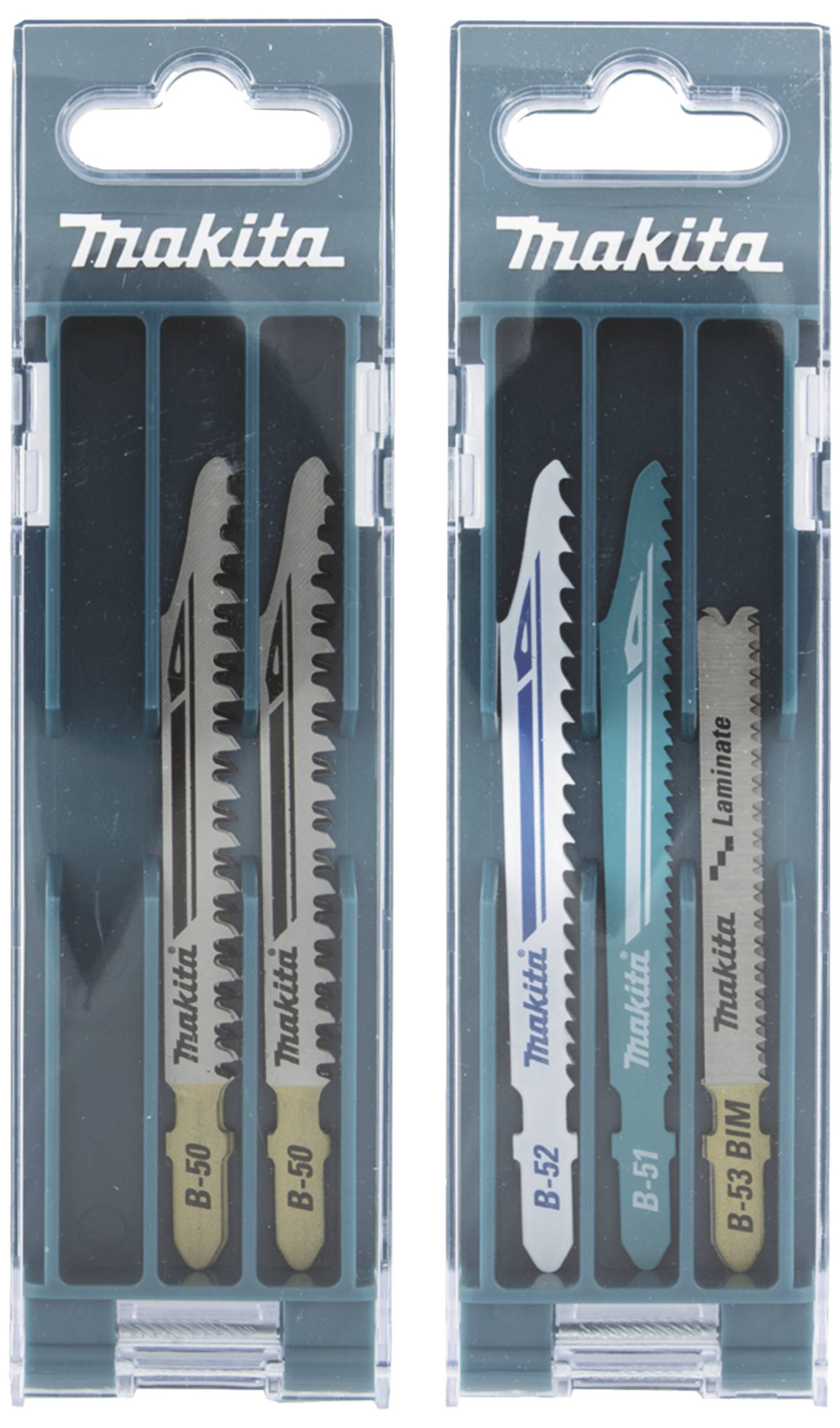 Dwa zestawy brzeszczotów do wyrzynarek Makita w niebieskich opakowaniach z tworzywa sztucznego, każdy zawierający trzy różne ostrza do obróbki drewna.