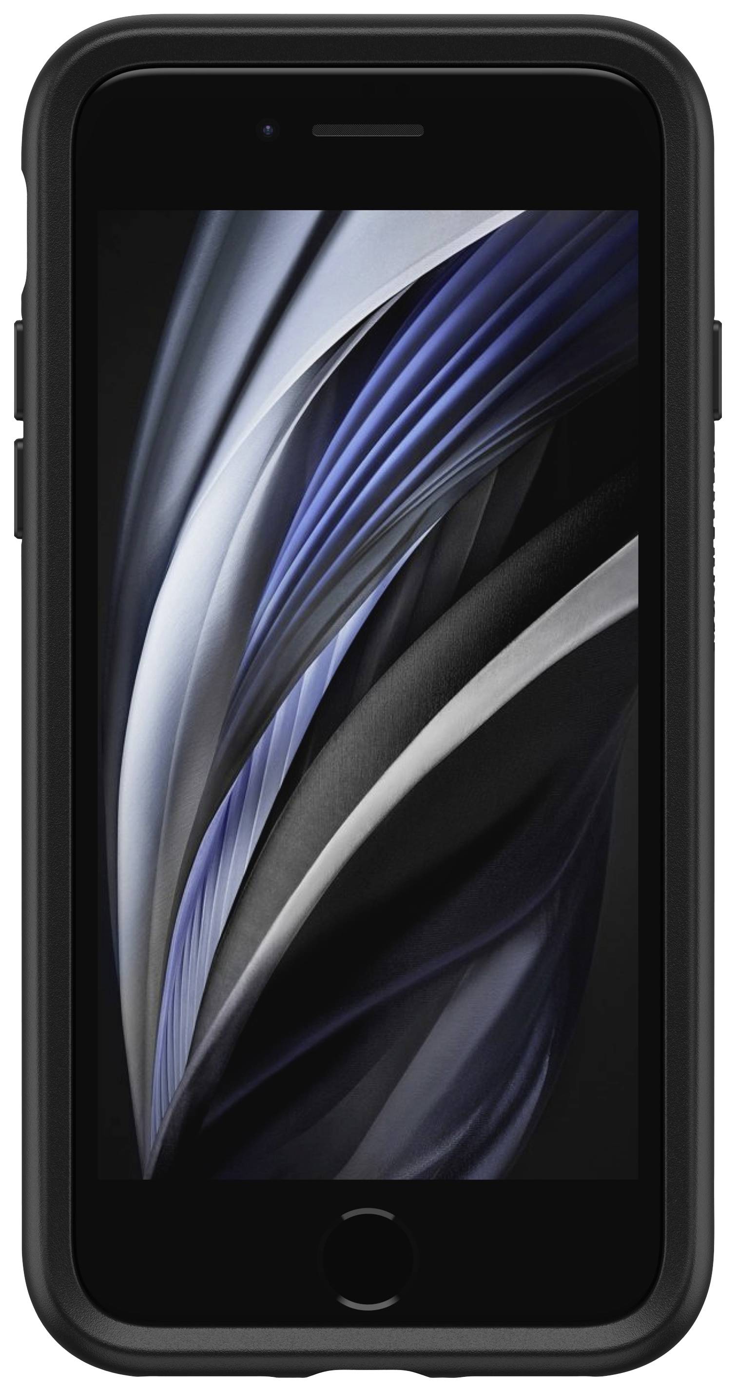 Smartfon w ciemnej obudowie, wyświetlający abstrakcyjny obraz z niebieskimi i szarymi formami fal na ekranie.