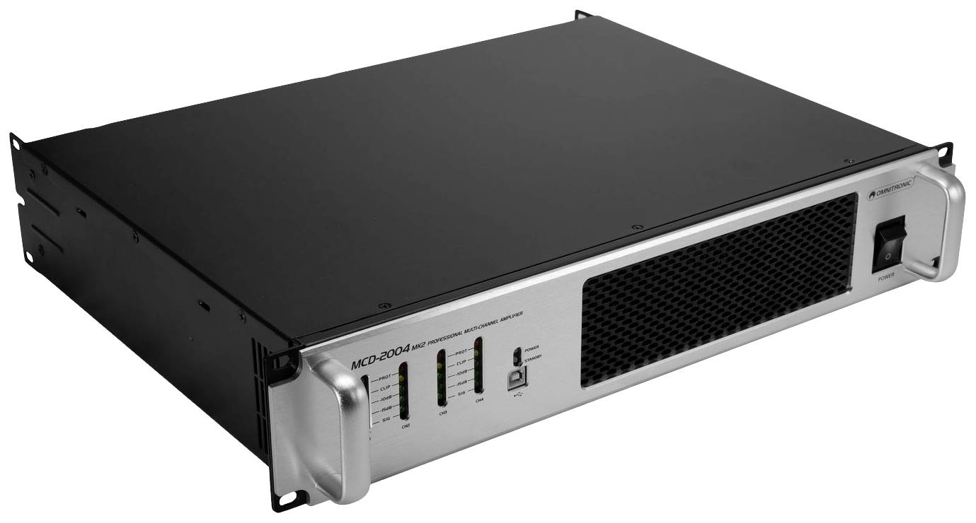 Wzmacniacz audio w formacie rack z płytą czołową, wskaźnikami LED i otworami wentylacyjnymi, przeznaczony do profesjonalnych systemów nagłaśniających.