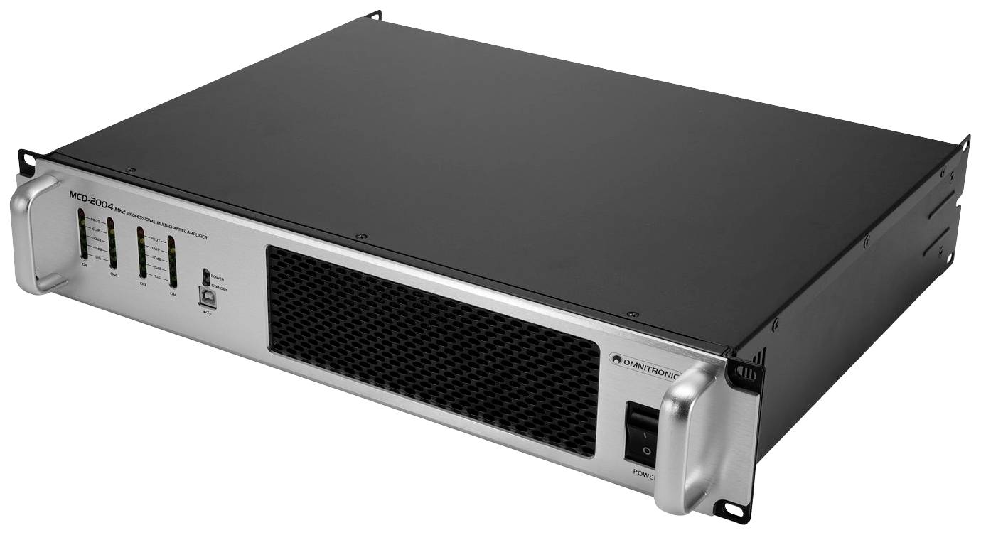 Srebrny elektroniczny wzmacniacz z czarnymi kratkami wentylacyjnymi i kilkoma przełącznikami na przedniej ściance, przeznaczony do urządzeń audio.