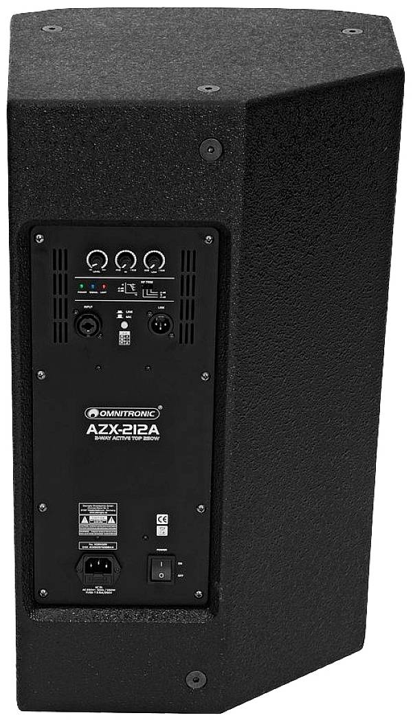 Czarny głośnik marki 'Omnitronic', model 'AZX-212A', z wieloma opcjami podłączenia i regulatorami z tyłu.