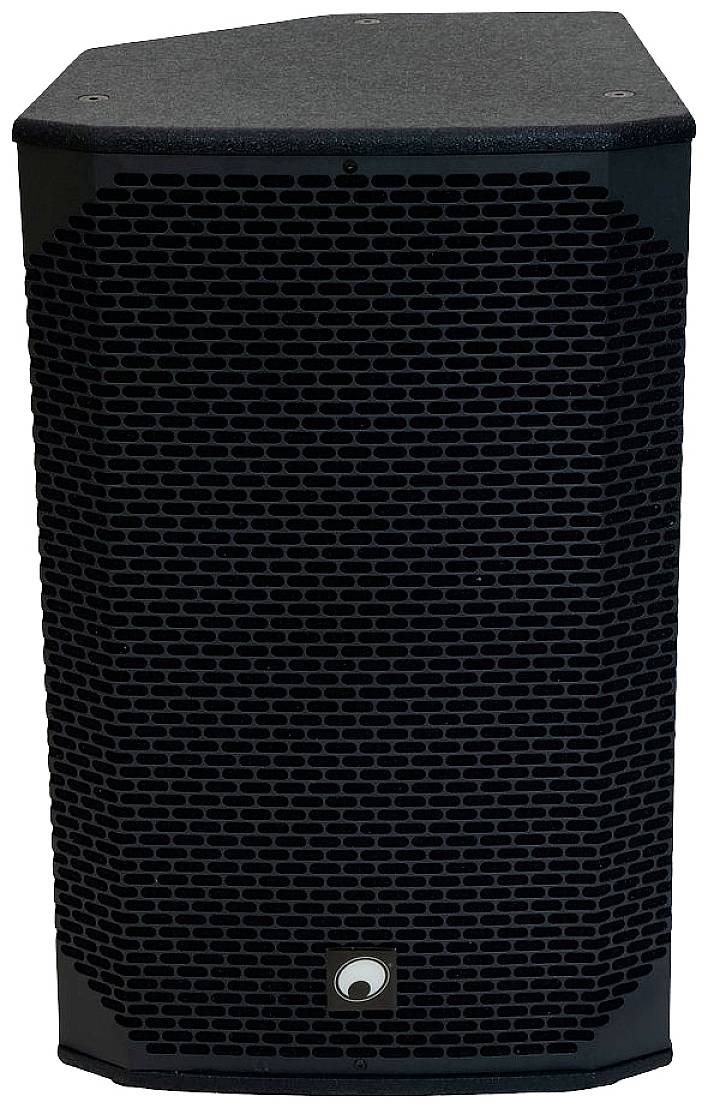 Czarny głośnik z ząbkowanym wzorem siatki, w kształcie sześciokąta, z logo producenta na dole. Odpowiedni do profesjonalnych zastosowań audio.
