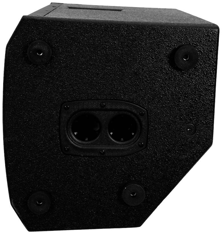 Widoczny jest czarny głośnik z czterema widocznymi punktami mocowania oraz dwoma okrągłymi złączami pośrodku.