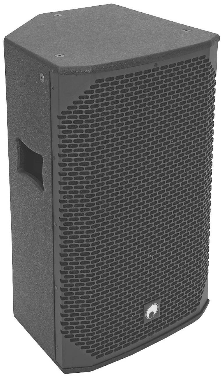 Głośnik w kolorze czarnym o prostokątnym kształcie z metalową siatką na przedniej części.