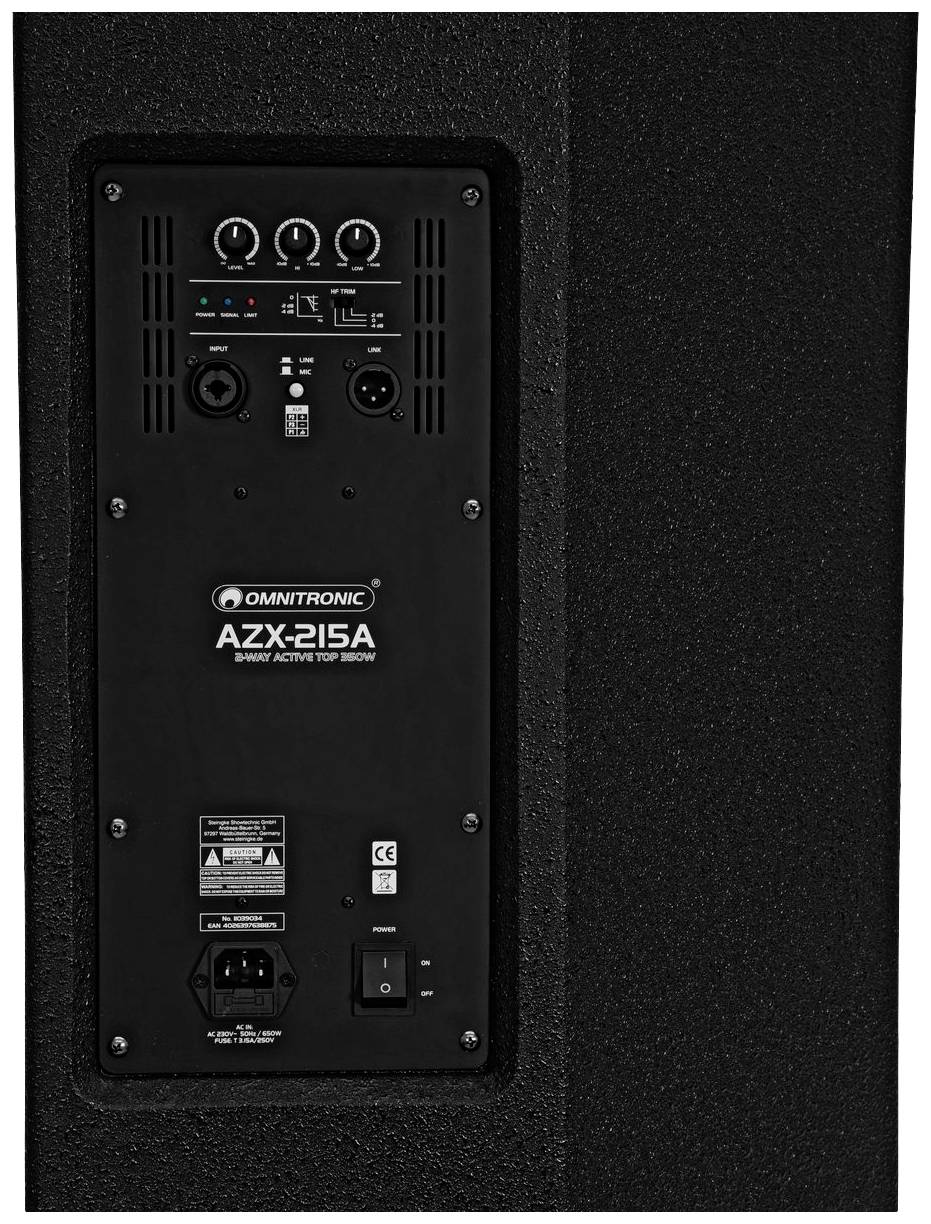 Tylna strona czarnego głośnika z wieloma gniazdami i pokrętłami. Marka: Omnitronic AZX-215A.